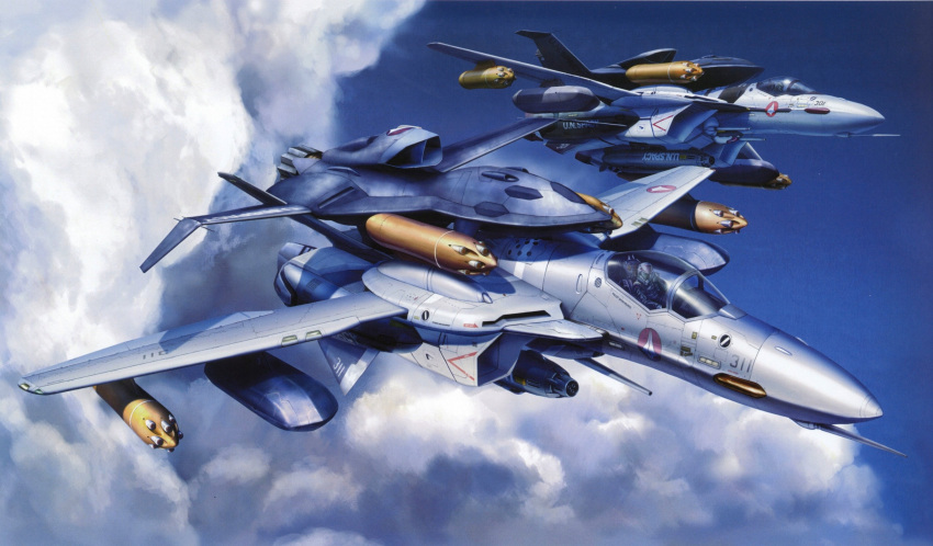 flying, ghost_drone, gunpod, highres, kudou_shin, macross, macross_zero, mecha, missile, qf-2001, realistic, roy_focker, scan, science_fiction, tenjin_hidetaka, u.n._spacy, vf-0