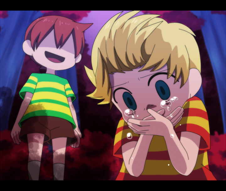 blonde_hair, blue_eyes, bush, claus, covering, covering_face, covering_mouth, crying, crying_with_eyes_open, dark, forest, hidden_eyes, komeichou-69, letterboxed, lucas, mother_(game), mother_3, multiple_boys, nature, open_mouth, red_hair, redhead, shaded_face, shirt, shorts, siblings, smile, striped, striped_shirt, tears, twins