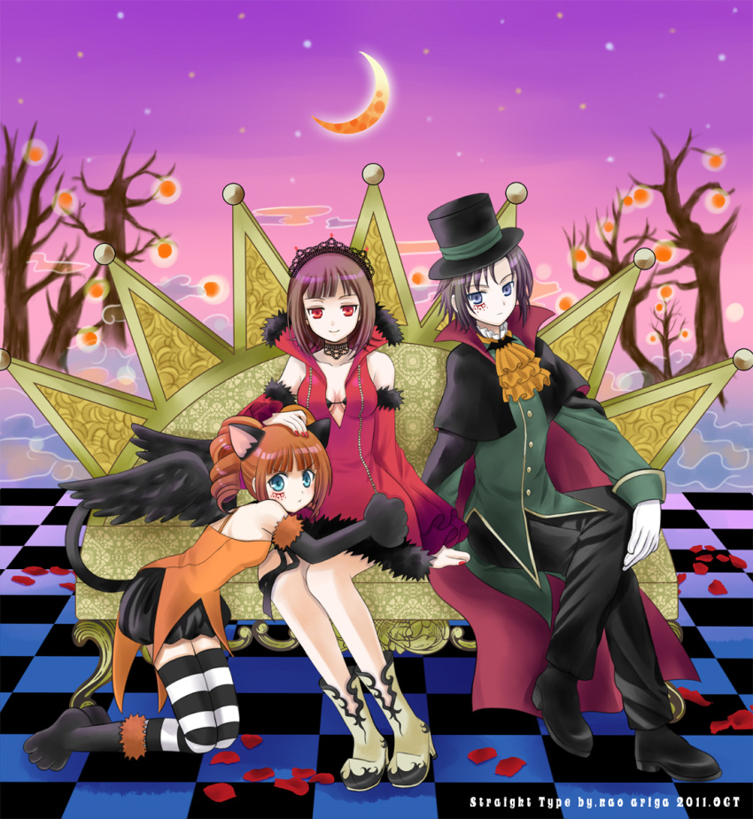 ariga_nao, bare_shoulders, boots, bra, breasts, cape, cleavage, costume, crossed_legs, dress, facial_tattoo, gloves, halloween, hand_on_head, harustein, hat, idolmaster, kikuchi_makoto, kneeling, legs_crossed, lingerie, mujin_gattai_kisaragi, paws, pout, pouting, sitting, sky, smile, striped, striped_legwear, tail, takatsuki_yayoi, tattoo, thigh-highs, thighhighs, tiara, tree, underwear, vape, wings
