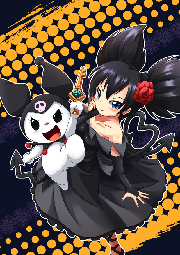 blue_eyes, blush, bridal_gauntlets, crombaster, demon_tail, dress, flower, hair_flower