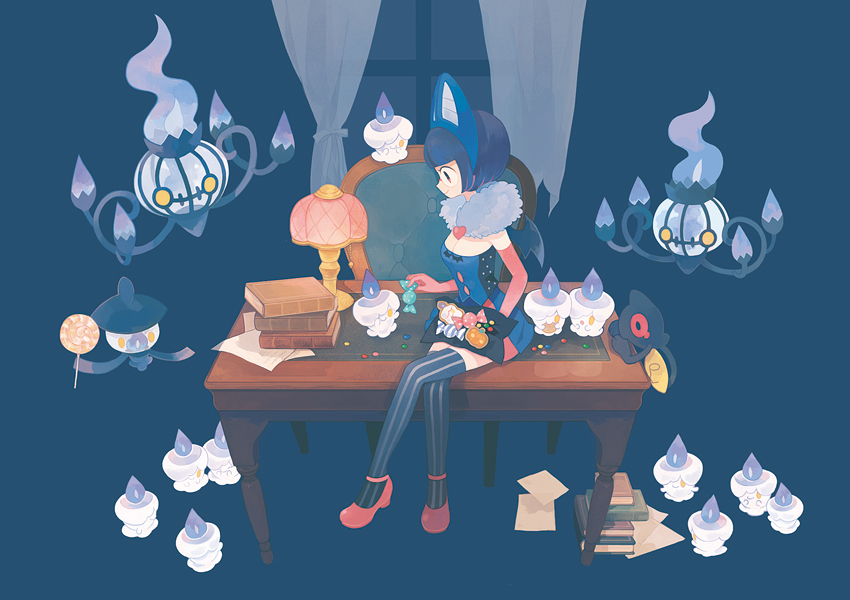 1girl, animal_ears, bad_id, bat_ears, bat_wings, black_legwear, bob_cut, book, candy, chandelure, cosplay, costume, crossed_legs, desk, elbow_gloves, glasses, gloves, halloween, lamp, lampent, legs_crossed, litwick, lollipop, paper, pechika, pokemon, pokemon_(creature), pokemon_(game), pokemon_black_and_white, pokemon_bw, purple_hair, red_gloves, red_shoes, scarf, shikimi_(pokemon), shoes, short_hair, sitting, swoobat, swoobat_(cosplay), thigh-highs, thighhighs, vertical-striped_legwear, vertical_stripes, wings, yamask, zettai_ryouiki