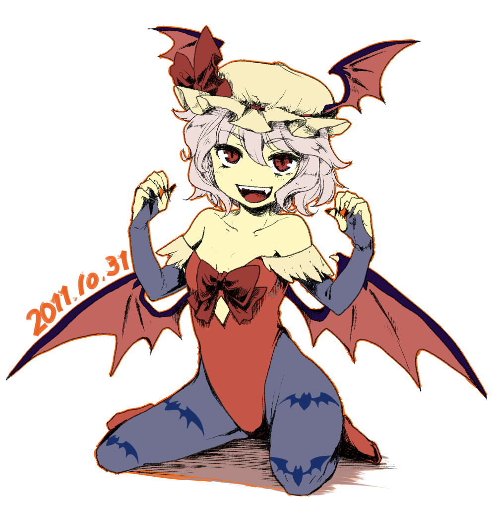 2011, bare_shoulders, bat_wings, bow, bridal_gauntlets, cosplay, dated, fangs