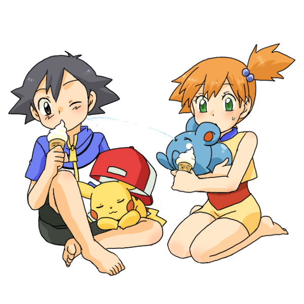 1boy, 1girl, azurill, barefoot, black_hair, child, green_eyes, hair_bobbles