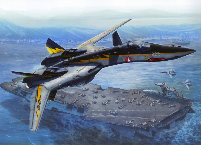 aircraft_carrier, canards, city, flying, helmet, highres, island, macross, macross_7, macross_plus, macross_vf-x, macross_vf-x2, mecha, ocean, pilot_suit, scan, science_fiction, space_craft, tenjin_hidetaka, u.n._spacy, uraga_class_carrier, vf-11, vf-19