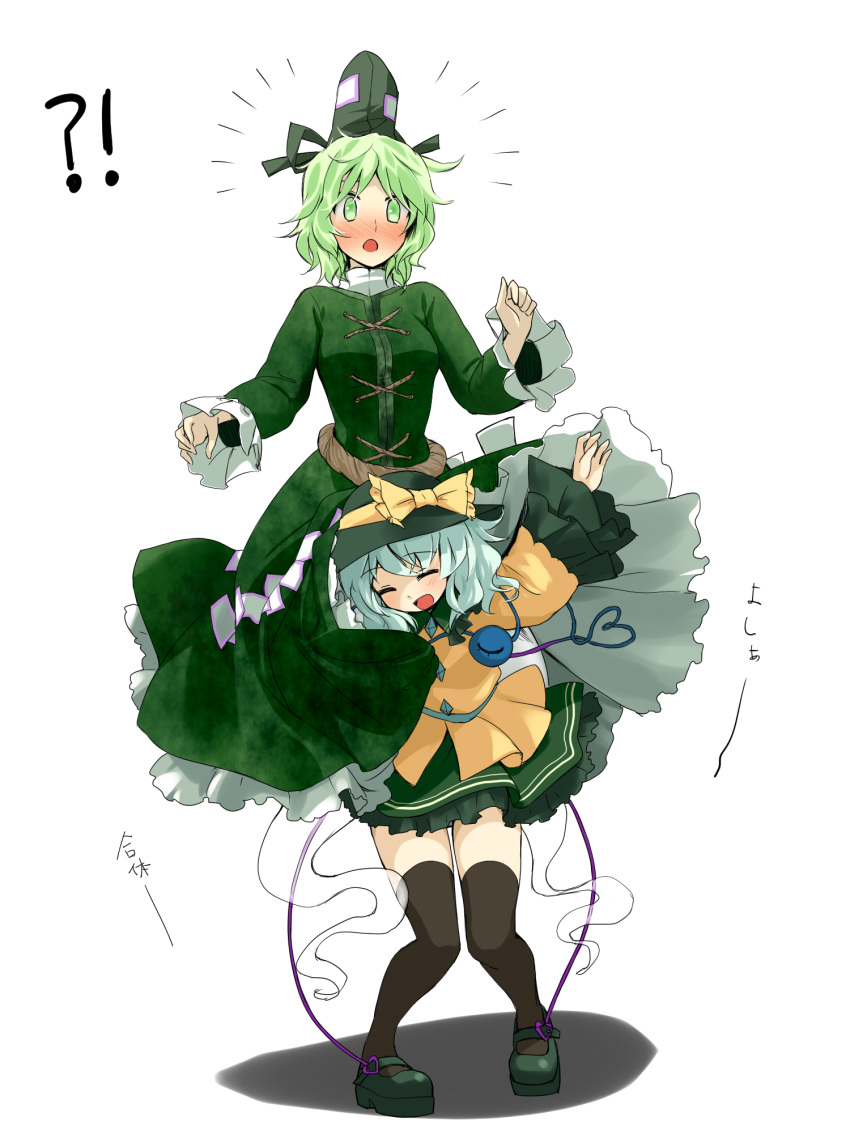 2girls, :o, blush, bow, brown_legwear, carrying, chagen_kokimu, closed_eyes