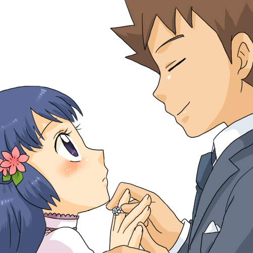 1boy, 1girl, blue_hair, blush, bride, brown_hair, couple, flower
