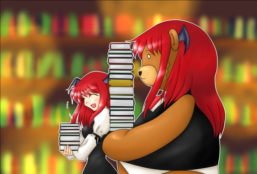 bear, book, hat, head_wings, headwings, koakuma, kuma-koa, long_hair, pun, red_hair, redhead, reguhon, touhou, wings