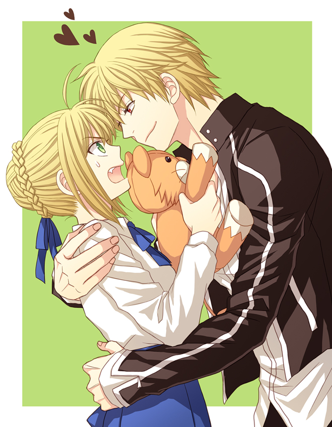 casual, dress, fang, fate/stay_night, fate_(series), gilgamesh, green_eyes, hair_ribbon, heart, hitomi_aki, male, red_eyes, ribbon, saber, short_hair, stuffed_animal, stuffed_lion, stuffed_toy, toy