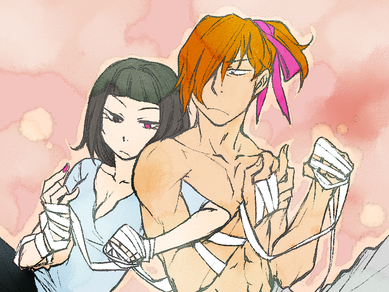 1girl, abs, adon, alternate_hairstyle, arm_grab, arm_holding, bandage, bandages