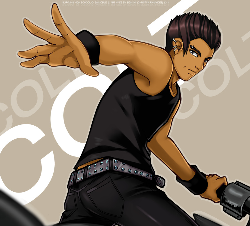 absurdres, blue_eyes, brown_hair, colt_warren, expressionless, hand, male, piercing