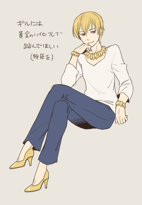 blonde_hair, bracelet, crossed_legs, fate/stay_night, fate/zero, fate_(series), gilgamesh, high_heels, jewelry, legs_crossed, male, moon-and-calvados, necklace, red_eyes, shoes, short_hair, sitting, smile, solo, translation_request