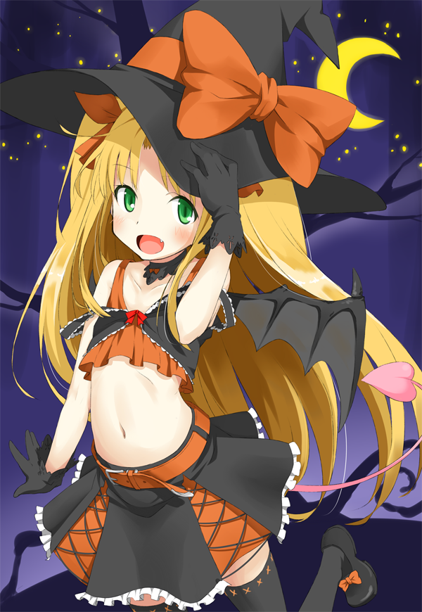 astarotte_ygvar, bad_id, bat_wings, black_legwear, blonde_hair, blush, crescent_moon, demon_tail