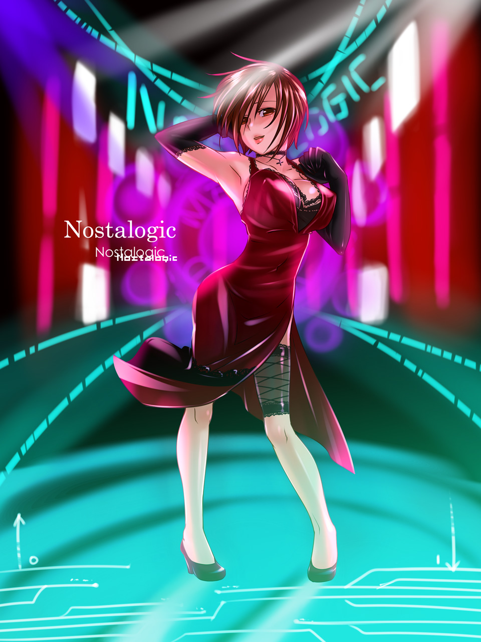1girl, brown_hair, caffein, cleavage, dress, gloves, high_heels, highres