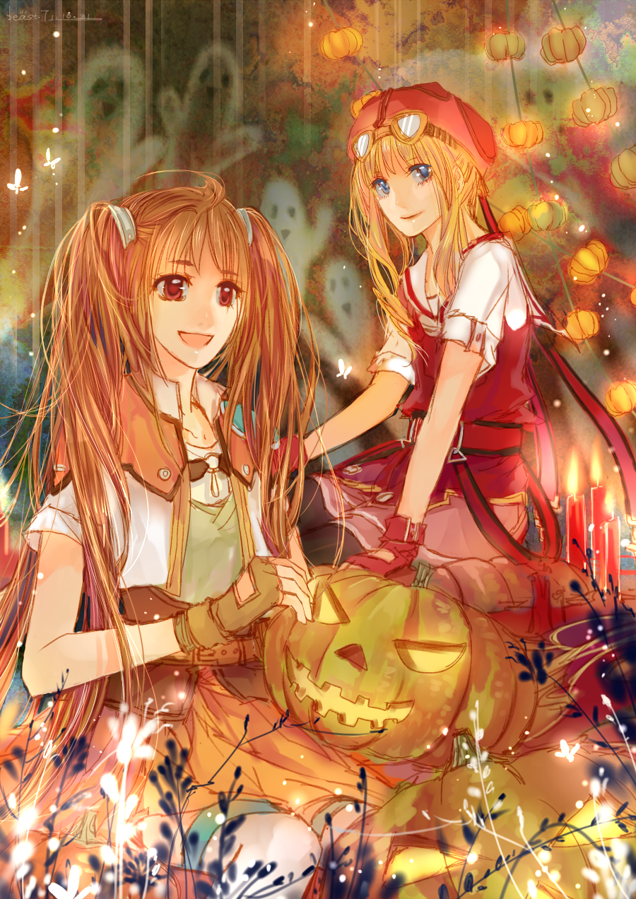 beast7, blonde_hair, blue_eyes, candle, carving, dress, eiyuu_densetsu, estelle_bright, falcom, fingerless_gloves, ghost, gloves, goggles, halloween, hat, highres, multiple_girls, orange_dress, pumpkin, red_eyes, short_sleeves, sora_no_kiseki, tita_russell, twintails