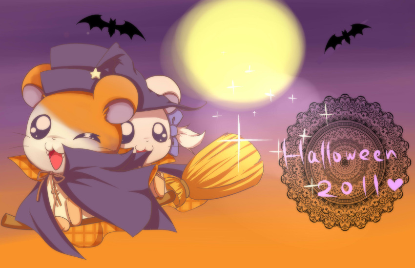 bat, bijou, broom, cape, fangs, full_moon, gradient, gradient_background, halloween, hamtaro, hamtaro_(hamtaro), hat, highres, kne5678, moon, no_humans, orange_background, purple_background, wink, witch_hat
