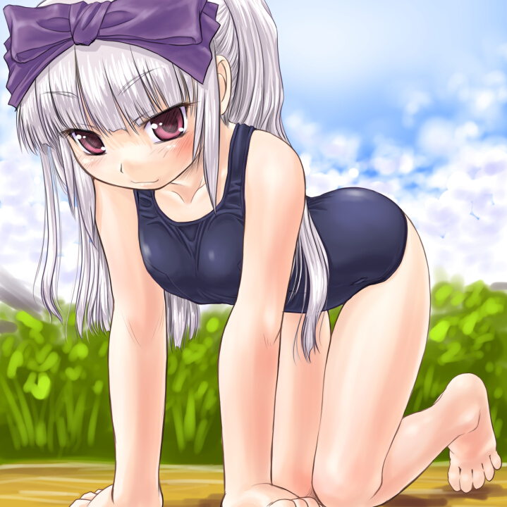 3.1-tan, all_fours, blush, dd_(artist), long_hair, one-piece_swimsuit, os, os_tan, school_swimsuit, swimsuit
