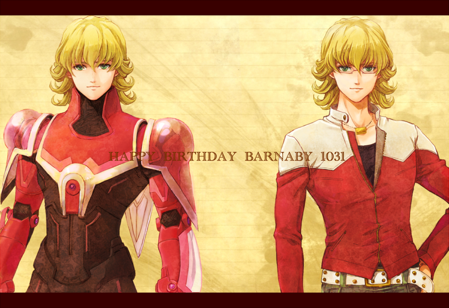 30, bad_id, barnaby_brooks_jr, belt, blonde_hair, character_name, dual_persona, glasses, green_eyes, hand_on_hip, hips, jacket, jewelry, male, multiple_boys, necklace, power_armor, power_suit, red_jacket, studded_belt, superhero, tiger_&amp;_bunny