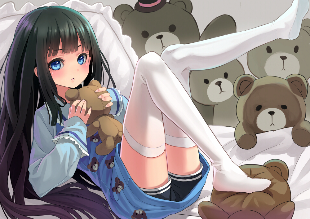 black_hair, blue_eyes, blush, fkey, kami-sama_no_memo-chou, long_hair, looking_at_viewer, lying