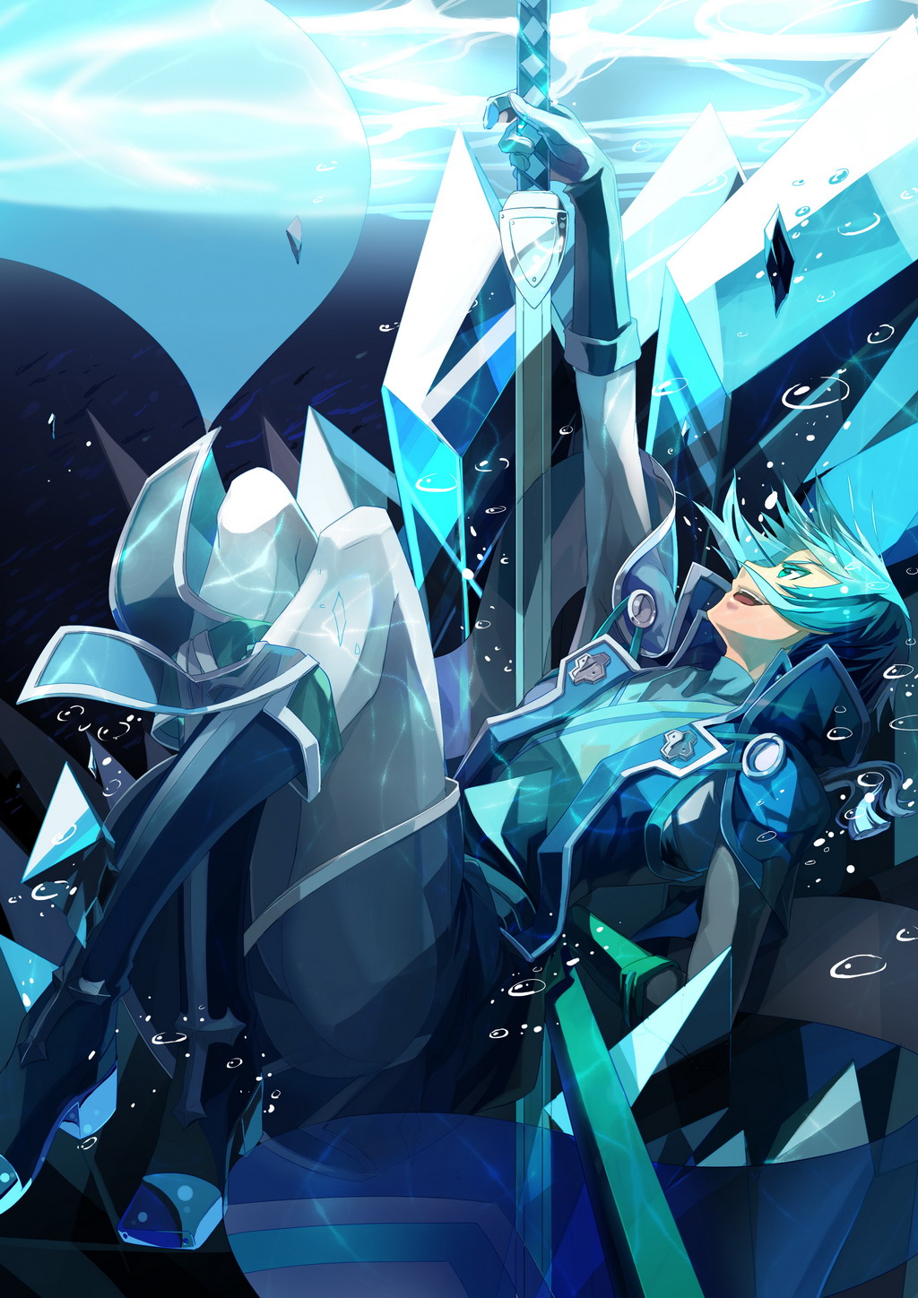 aqua, aqua_eyes, aqua_hair, blazblue, boots, bubble, coat, gloves, highres, jin_kisaragi, kisaragi_jin, male, monochrome, nodachi, pants, selenoring, smile, solo, sword, turquoise_(color), underwater, water, weapon