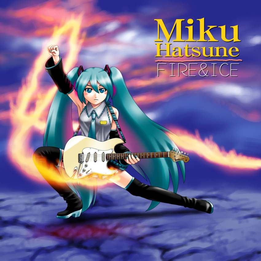 album, aqua_hair, azusa_yukimasa, blue_eyes, blush_stickers, cover, detached_sleeves, fire