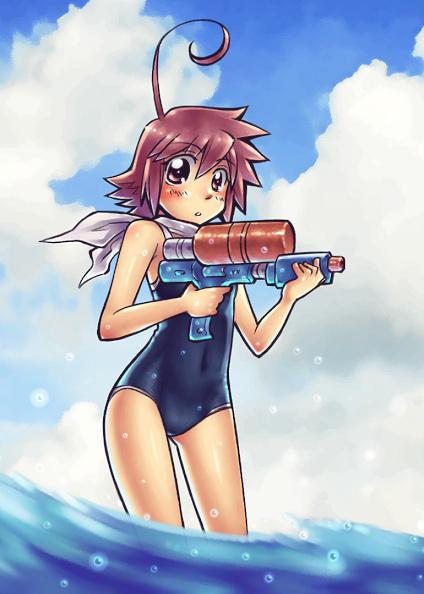 ahoge, cloud, hayate_x_blade, kurogane_hayate, one-piece_swimsuit, scarf, sky, solo