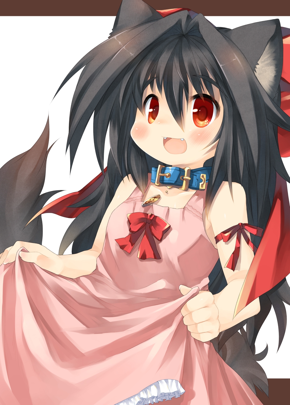 1girl, arm_ribbon, bare_shoulders, black_hair, blue_collar, blush, bow, child