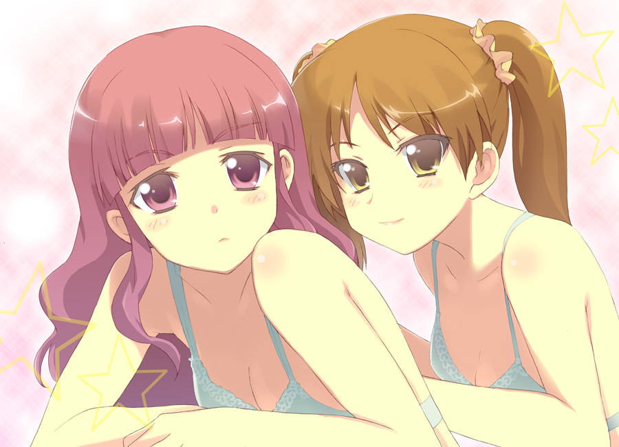 blue_bra, bra, brown_hair, deyuuku, jewelpet_(series), jewelpet_sunshine, kikuchi_kaede, lingerie, long_hair, looking_at_viewer, multiple_girls, purple_eyes, purple_hair, saotome_komachi, star, twintails, underwear, underwear_only, violet_eyes, yellow_eyes