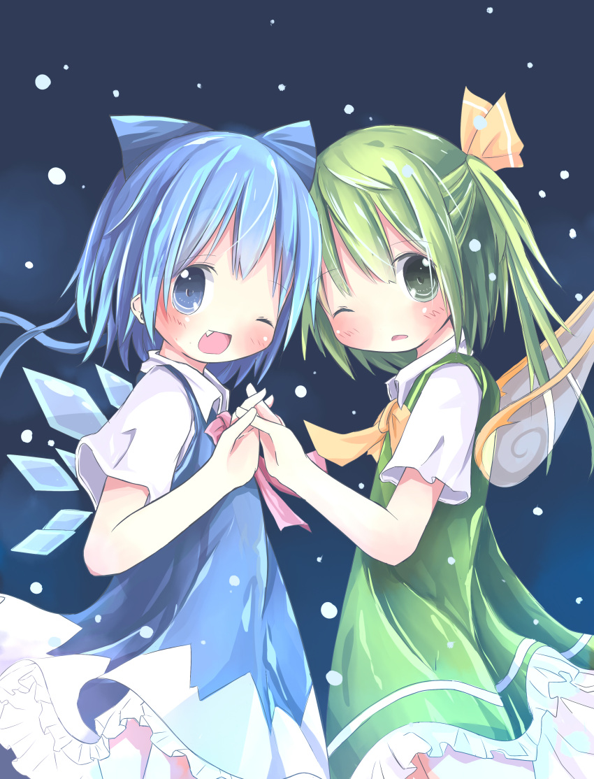 absurdres, bad_id, blue_eyes, blue_hair, child, cirno, daiyousei, dress, fang, green_eyes, green_hair, highres, holding_hands, interlocked_fingers, multiple_girls, sakuraba_hikaru_(artist), touhou, wings, wink