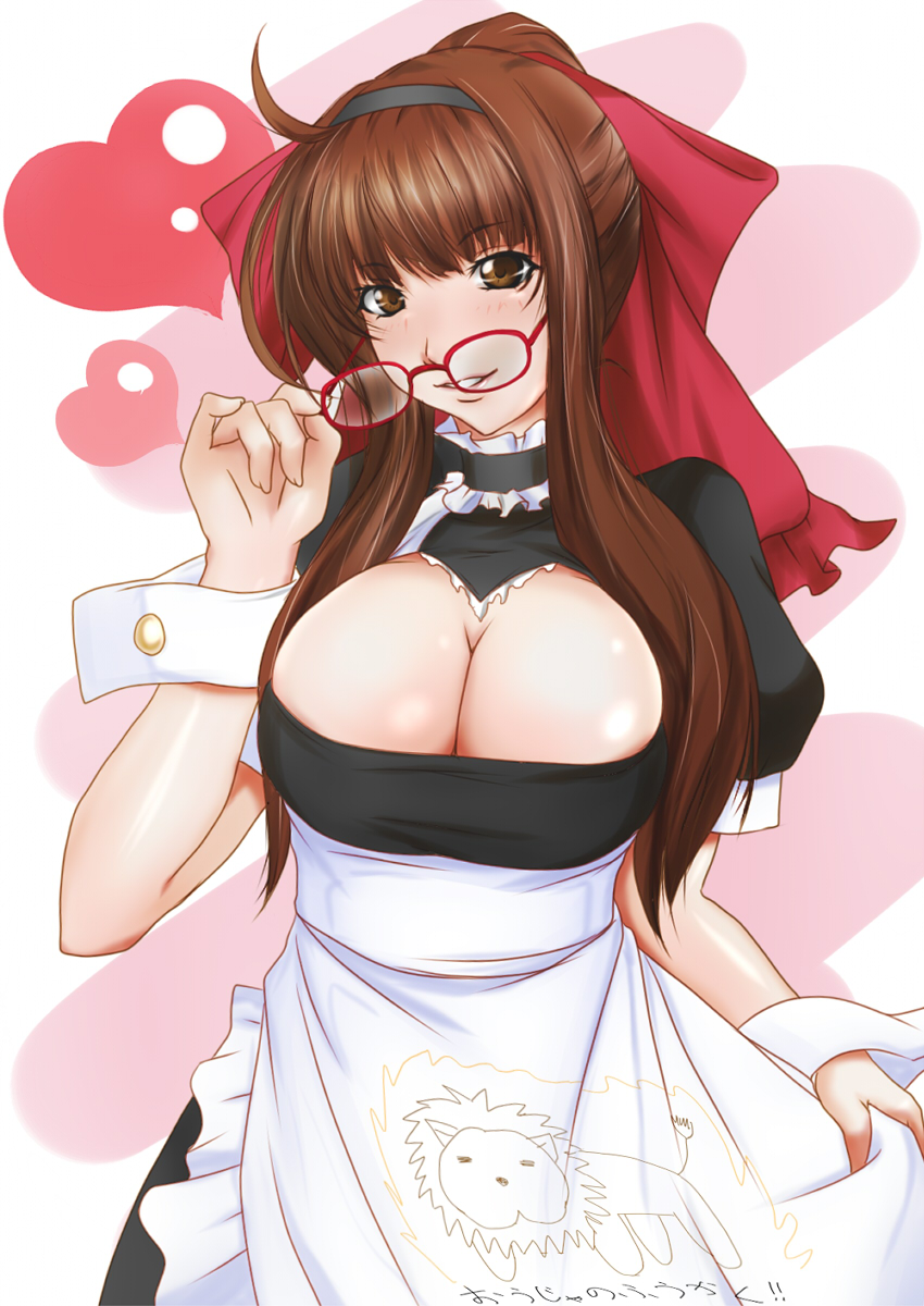 apron, blush, bow, breasts, brown_eyes, brown_hair, cleavage, cleavage_cutout, glasses, hair_bow, hairband, heart, highres, large_breasts, long_hair, miyabi_(miura105), original, red-framed_glasses, smile, solo, wrist_cuffs