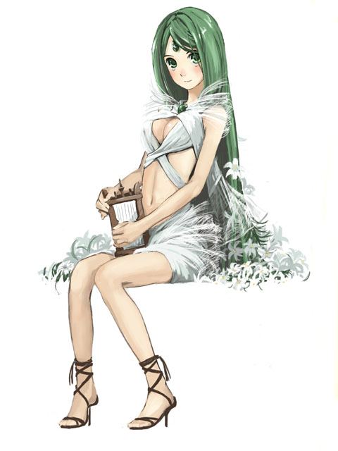 blush, breasts, cleavage, cleavage_cutout, domo1220, dress, forehead_jewel, green_eyes, green_hair, harp, heart, high_heels, instrument, jewelry, long_hair, looking_at_viewer, navel, original, pendant, sandals, shoes, simple_background, sitting, smile, solo, very_long_hair, yamaaaa