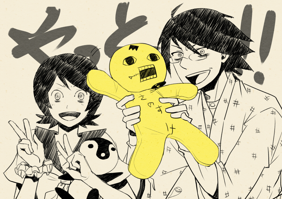 black_hair, emperor_penguin, glasses, hito_nami, hitou_nami, holding, itoshiki_nozomu, japanese_clothes