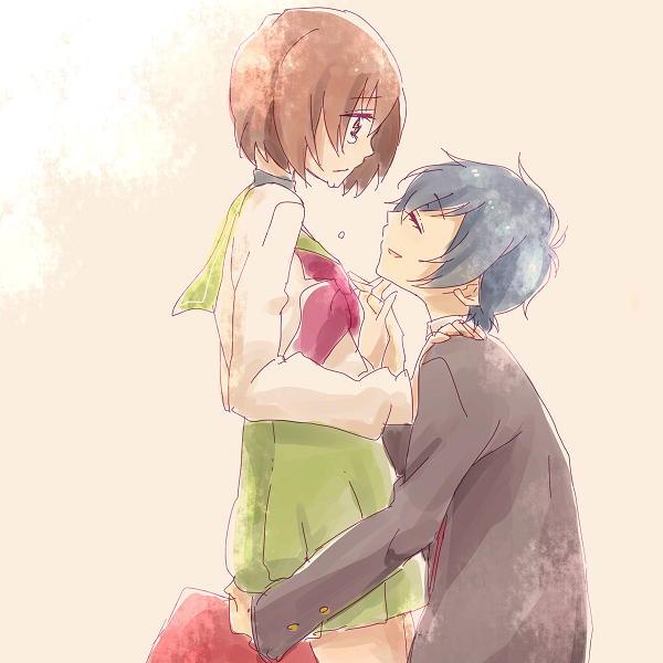 1girl, blazer, blue_hair, brown_eyes, brown_hair, closed_eyes, couple, eyes_closed