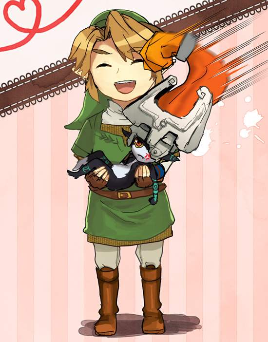 blonde_hair, carrying, gloves, hat, helmet, imp, link, midna