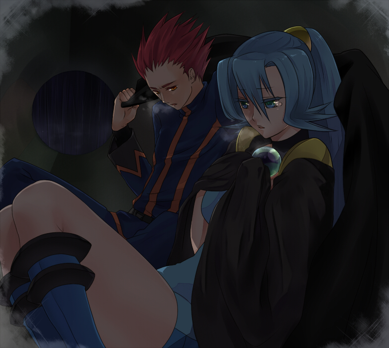1boy, 1girl, blue_eyes, blue_hair, cape, cousins, gym_leader, ibuki_(pokemon), kujiramu, pokemon, pokemon_(game), pokemon_gsc, red_eyes, red_hair, redhead, wataru_(pokemon)