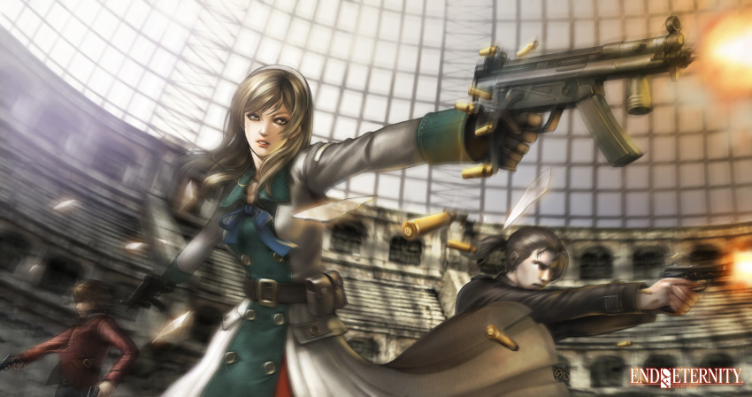 beretta_92, blonde_hair, blue_eyes, brown_hair, bullet, casing_ejection, dual_wielding, end_of_eternity