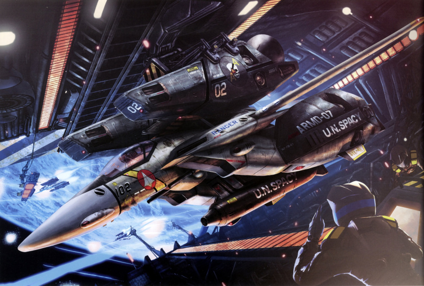 absurdres, battle, choujikuu_yousai_macross, cockpit, earth, epic, explosion, gunpod