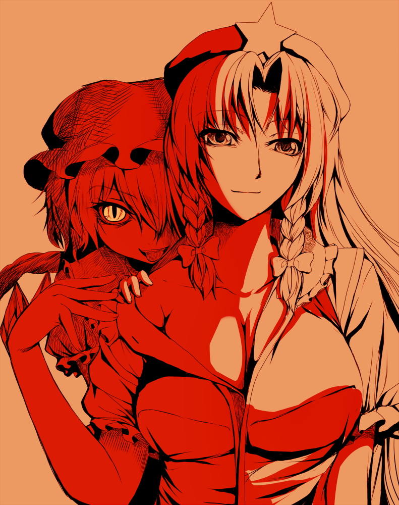 braid, breasts, cleavage, fangs, flandre_scarlet, hat, hong_meiling, large_breasts