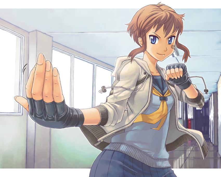 bandaid, beckon, beckoning, blue_eyes, brown_hair, fighting_stance, fingerless_gloves, fingernails