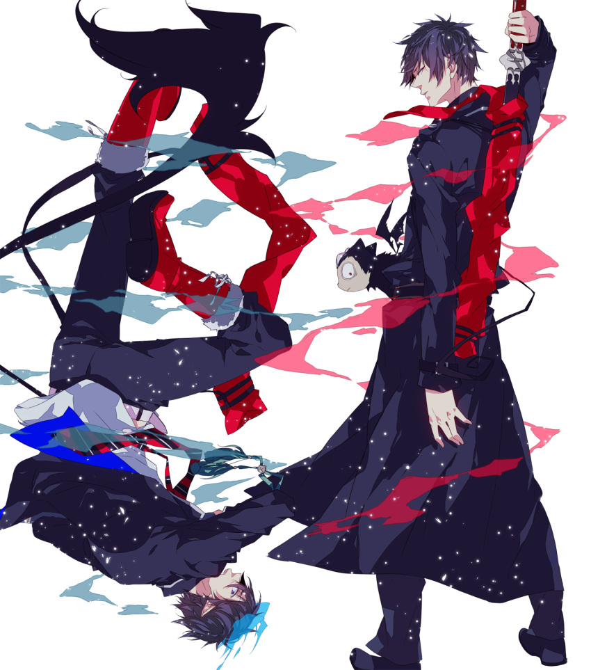 ao_no_exorcist, bat_wings, black_hair, blue_eyes, cat, creator_connection, highres, miyama-uguisu_tei_jiken, multiple_boys, necktie, okumura_rin, pointy_ears, red_eyes, sara666, school_uniform, simple_background, striped, striped_necktie, sword, tail, trench_coat, upside-down, weapon, wings, yoru