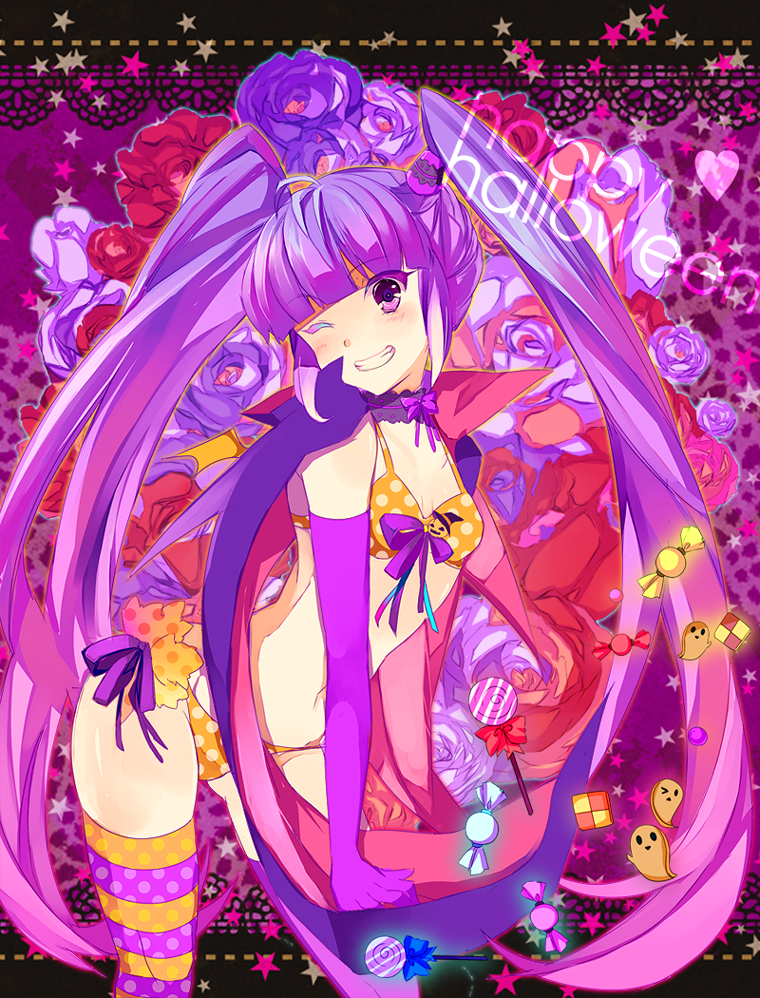 alternate_costume, ame_erika, bikini, candy, cape, chibana_eri_kaori, detached_collar, elbow_gloves