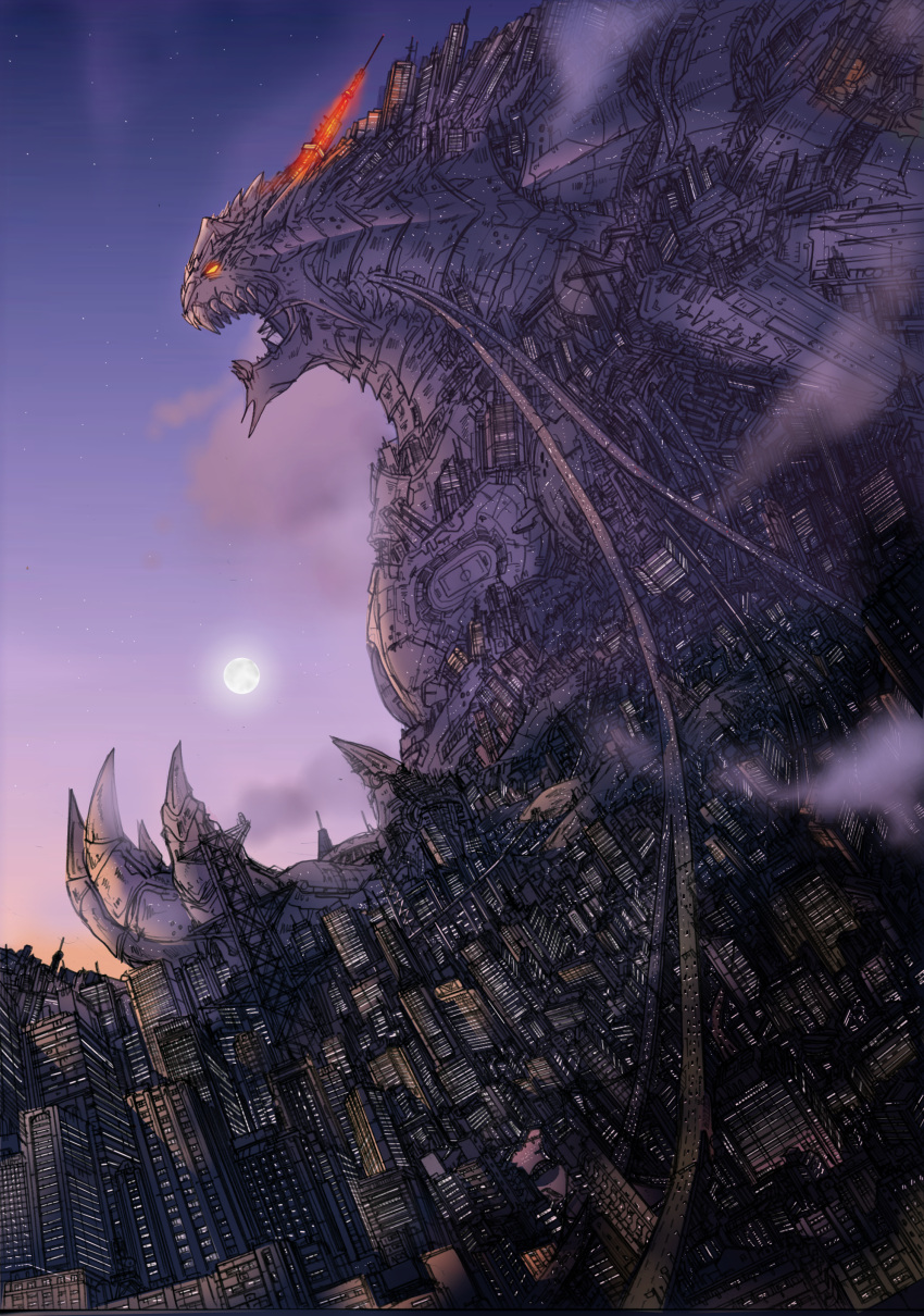 city, city_lights, cityscape, cloud, dragon, dutch_angle, full_moon, glowing, glowing_eyes, highres, midorimushi-kai, moon, night, night_sky, original, sky, star_(sky), starry_sky, tokyo_tower
