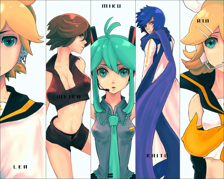 2boys, 3girls, aqua_hair, bad_id, blonde_hair, blue_hair, breasts, brown_hair