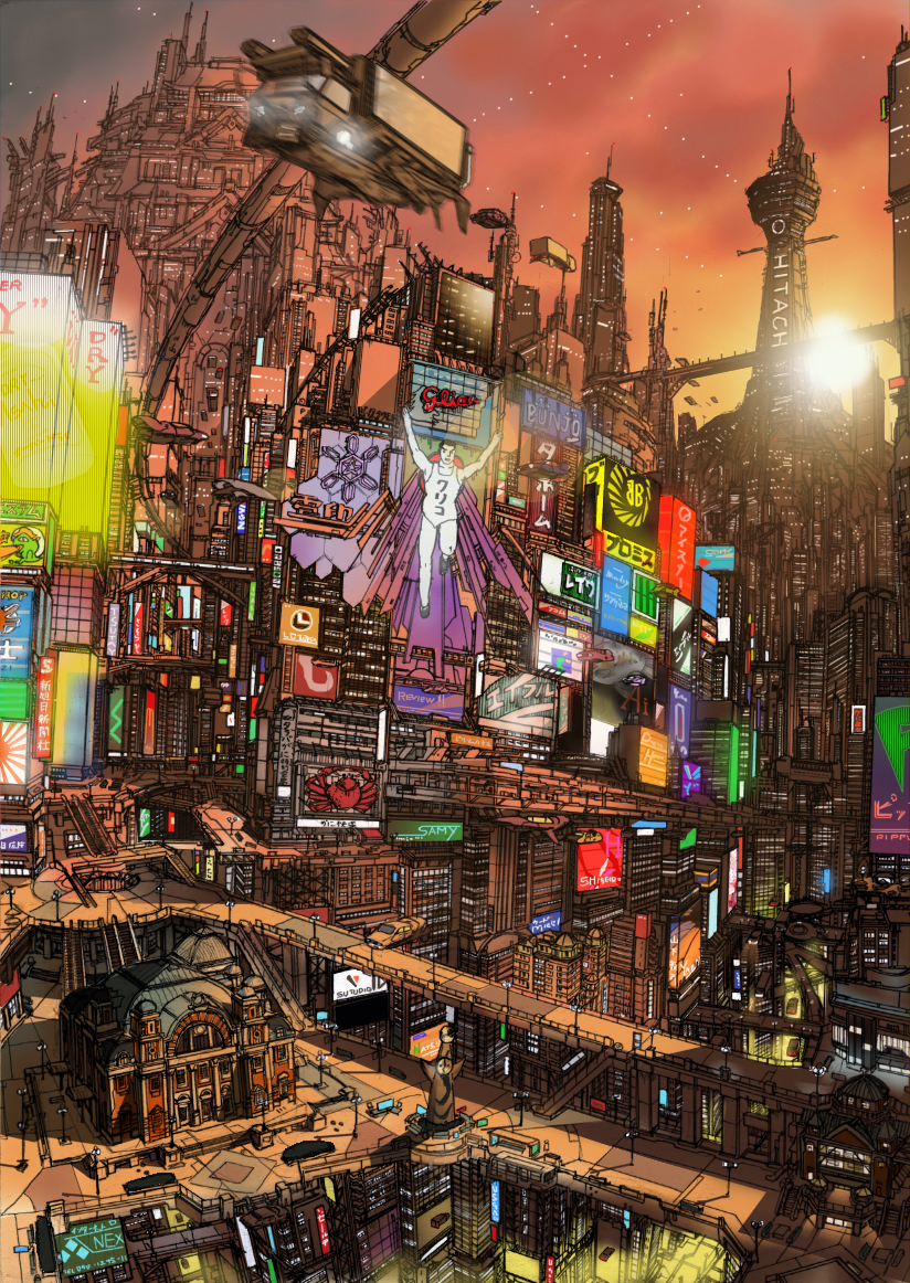 bridge, building, city, city_lights, cityscape, midorimushi-kai, motion_blur, neon_lights
