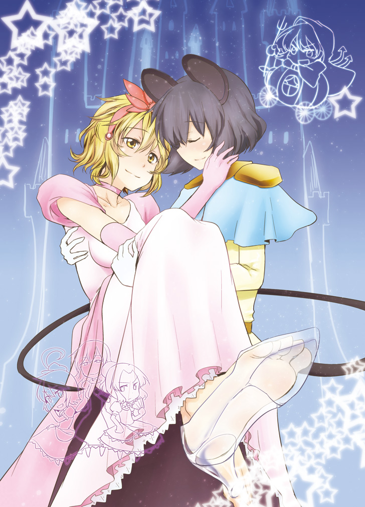 animal_ears, barefoot, black_hair, blonde_hair, carrying, cinderella, closed_eyes, dra