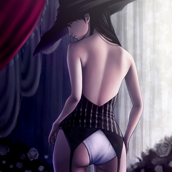 1girl, back, backless_outfit, black_hair, curtains, flower, garter_belt, hat
