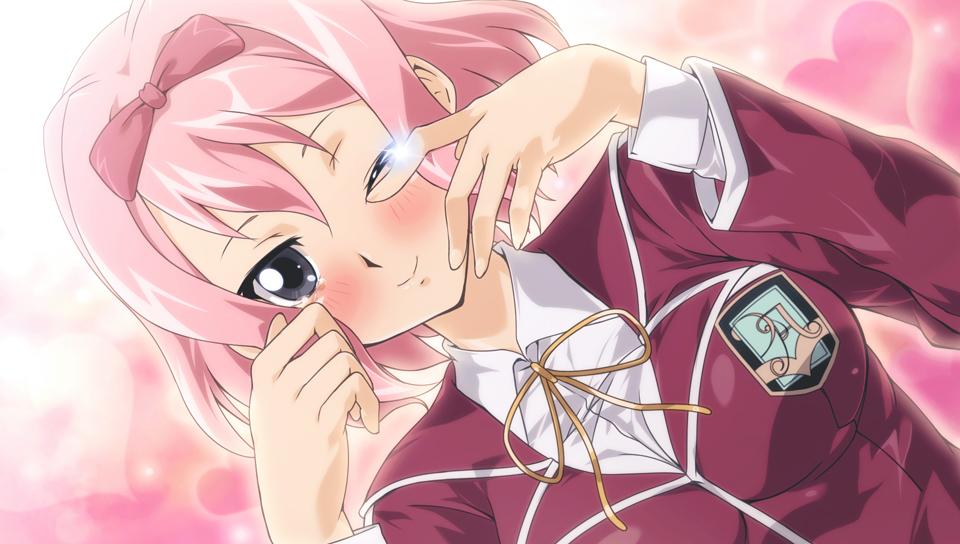 blush, bow, hair_bow, heart, lazward, pink_hair, school_uniform, short_hair