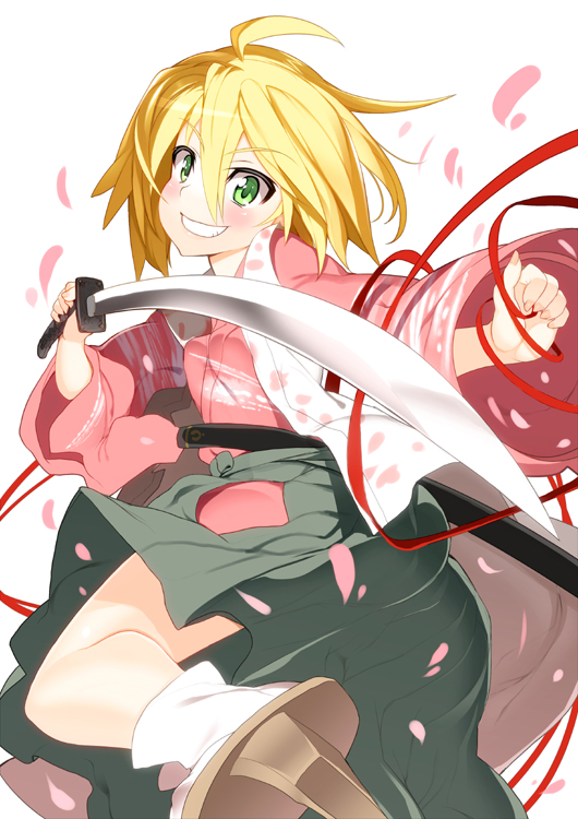blonde_hair, blush, char, character_request, geta, grin, hakama, japanese_clothes