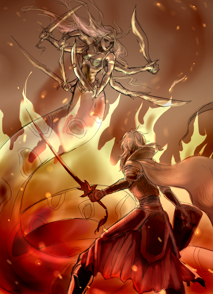 1girl, armor, artist_request, battle, butiboco, cape, circlet, dissidia_final_fantasy, extra_arms, final_fantasy, final_fantasy_i, fire, lamia, long_hair, marilith, monster_girl, multiple_arms, shield, sword, warrior_of_light, weapon