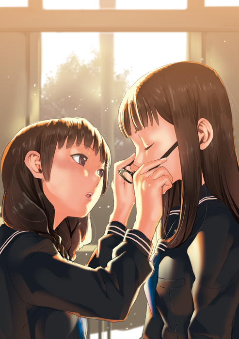 backlighting, bangs, blunt_bangs, brown_eyes, brown_hair, character_request, closed_eyes, copyright_request