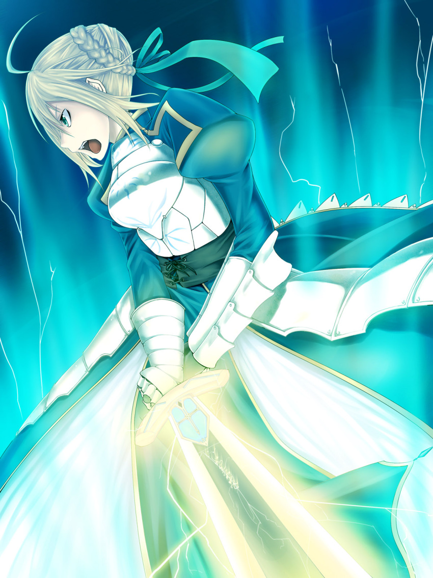 ahoge, armor, armored_dress, blonde_hair, dress, dutch_angle, excalibur, fate/stay_night, fate_(series), gauntlets, glowing, glowing_sword, glowing_weapon, green_eyes, hair_ribbon, highres, juliet_sleeves, long_sleeves, puffy_shoulders_long_sleeves, puffy_sleeves, ribbon, saber, shintani_kyou, shintani_s15, solo, sword, weapon